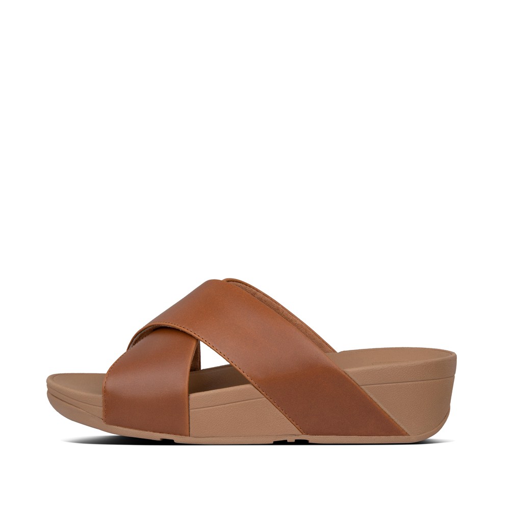 Fitflop Womens Slides - Lulu Leather Cross - Brown - 837-DNULFW